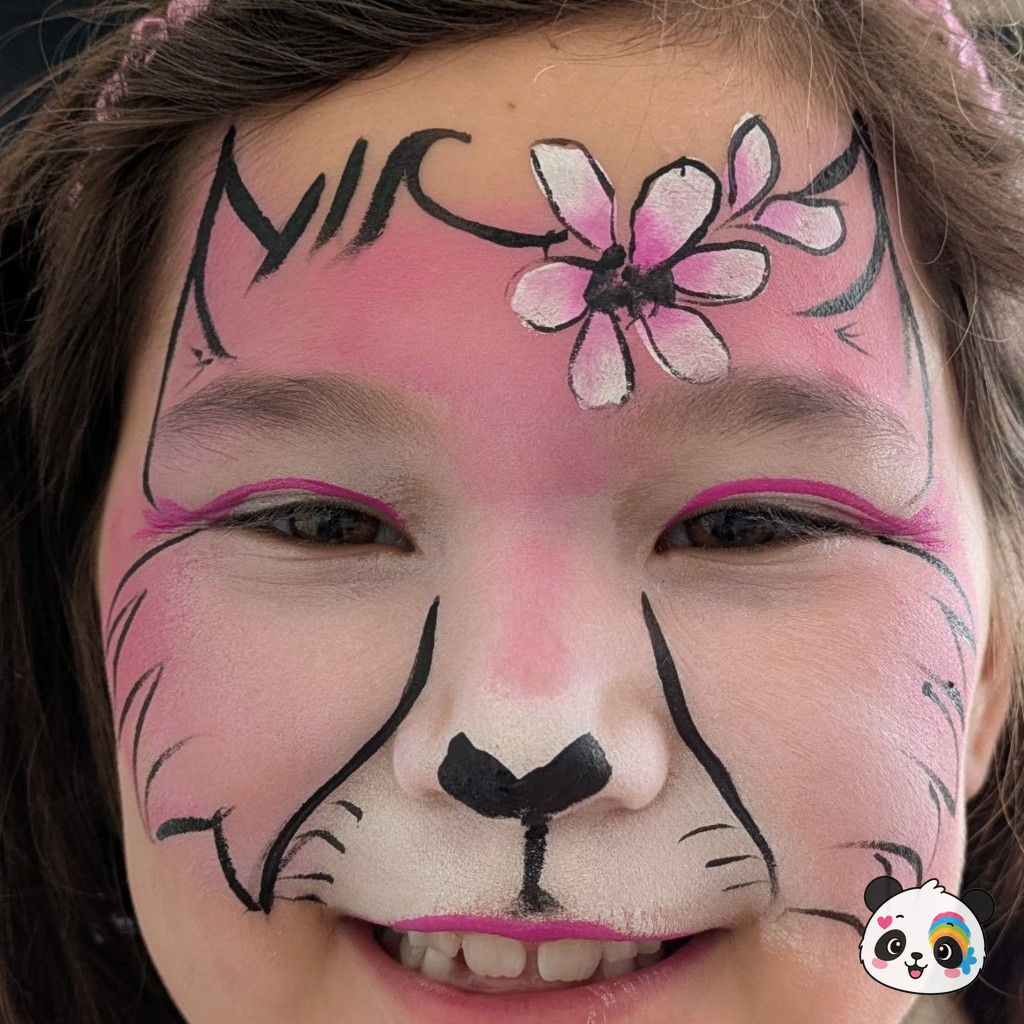 Pink and white cat face paint with whiskers and a flower accent